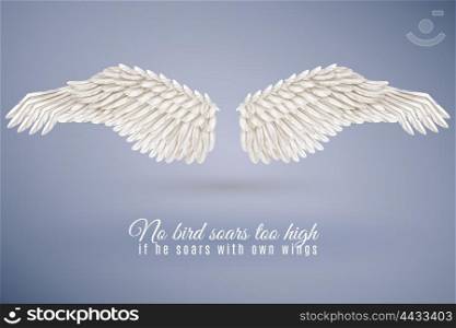 Realistic Bird Wing Set. Pair of big realistic white bird wings set in middle isolated on blue background with quotation vector illustration