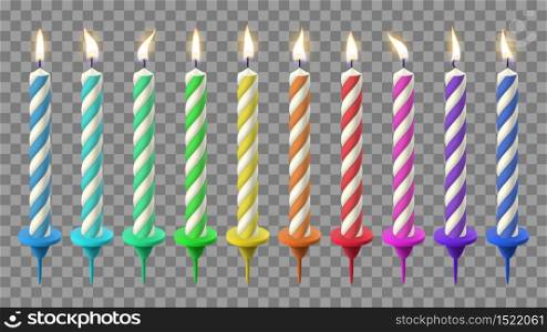 Realistic birthday candles. Birthday cake candlelight, holidays flaming wax candle. Party celebration colorful candles vector illustration set. Candle birthday with candlelight, holiday fire. Realistic birthday candles. Birthday cake candlelight, holidays flaming wax candle. Party celebration colorful candles vector illustration set