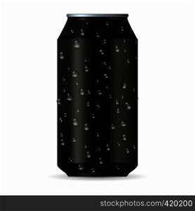 Realistic black aluminum can with drops isolated on a white background. Realistic black aluminum can with drops