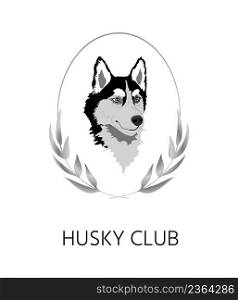Realistic black and white blue-eyed fluffy Siberian husky dog, portrait in silver wreath and oval shape, symbol for dog breeders. Hand-drawn hound illustration on white background for various prints. Husky portrait inside silver wreath or garland