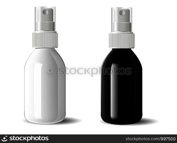 Realistic black and white glossy glass or plastic Cosmetic bottles can sprayer container set. Dispenser cockup template for cream, soups, and other cosmetics or medical products. Vector illustration.. Realistic black and white glass plastic bottles
