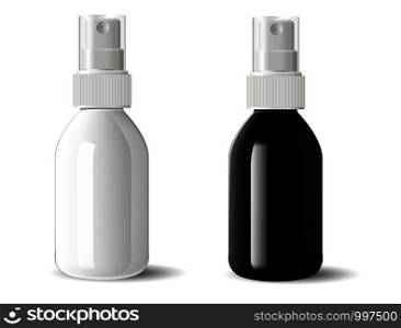 Realistic black and white glossy glass or plastic Cosmetic bottles can sprayer container set. Dispenser cockup template for cream, soups, and other cosmetics or medical products. Vector illustration.. Realistic black and white glass plastic bottles