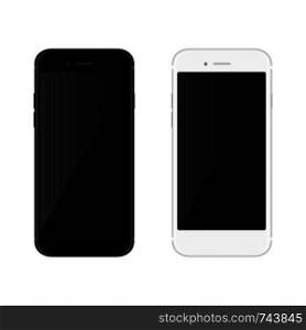 Realistic black and white mobil phone smartphone on blanck background. Vector illustration