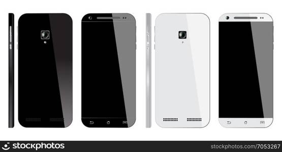 Realistic black and white smartphone. Realistic black and white smartphone with blank screen isolated on white background. Front, back and bide view. Vector illustration.