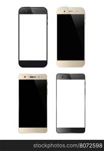 Realistic black and white smartphones. Mobile phone isolated with blank screen. Set of cell phones. Vector illustration.. Four black and white smartphones