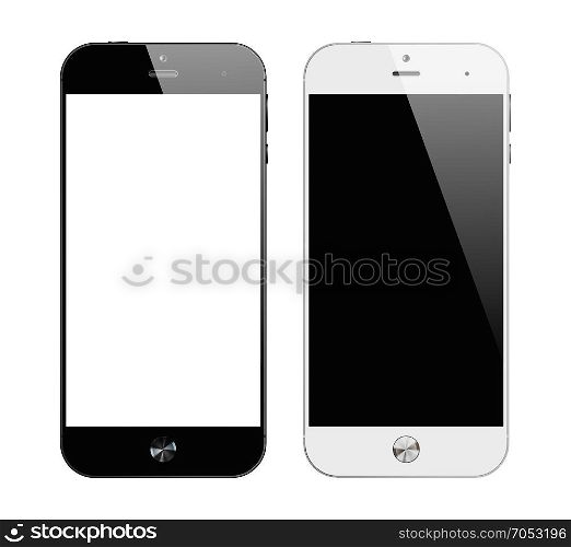 Realistic black and white smartphones. Realistic black and white smartphone similar to iphone. Mobile phone isolated on white background. Vector design smart phones.
