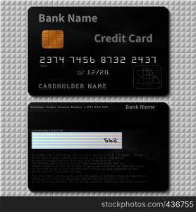 Realistic black bank plastic credit card with chip vector template isolated. Credit plastic card, bank personal cardholder name illustration. Realistic black bank plastic credit card with chip vector template isolated