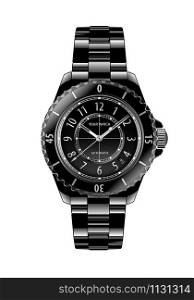 Realistic black chronograph wristwatch metallic white number design luxury on white background vector illustration.