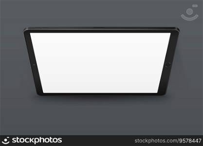 Realistic black empty tablet on a gray background. Device in perspective view. Tablet mockup from different angles. Illustration of device with touchscreen display. Realistic black empty tablet on a gray background. Tablet mockup from different angles. Illustration of device with touchscreen display