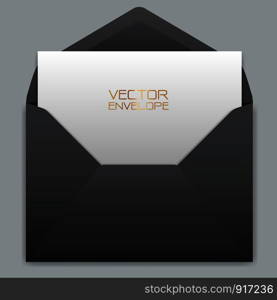 Realistic black envelope with white card inside on grey background vector illustration.
