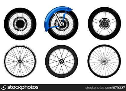 realistic black motorcycle and bicycle wheel set. bike wheel set