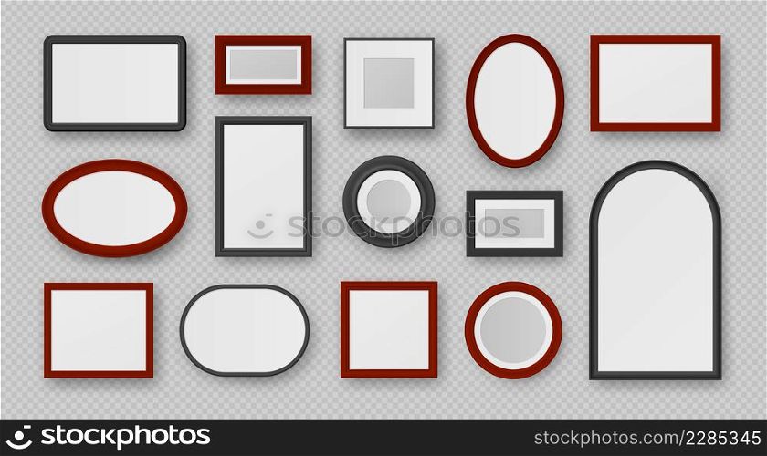 Realistic black oval, round, square and rectangle photo frames. Modern wall picture frame shapes templates. Decorative framework vector set. Illustration of photo frame, round and oval. Realistic black oval, round, square and rectangle photo frames. Modern wall picture frame shapes templates. Decorative framework vector set