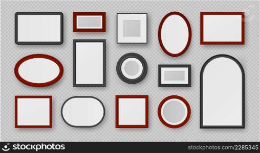 Realistic black oval, round, square and rectangle photo frames. Modern wall picture frame shapes templates. Decorative framework vector set. Illustration of photo frame, round and oval. Realistic black oval, round, square and rectangle photo frames. Modern wall picture frame shapes templates. Decorative framework vector set