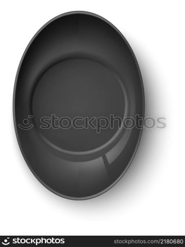 Realistic black plate top view. Serving dish mockup isolated on white background. Realistic black plate top view. Serving dish mockup