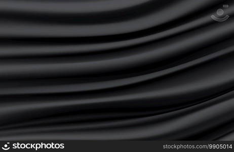 Realistic black silk satin  wrinkled fabric wave luxury background vector illustration.