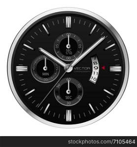 Realistic black silver clock watch chronograph on white background vector illustration.