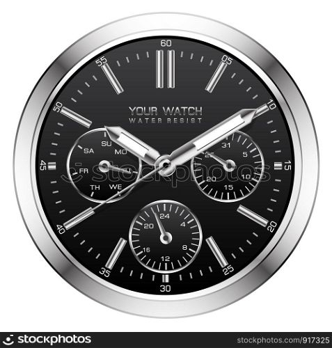 Realistic black silver clock watch face chronograph luxury on white background vector illustration.