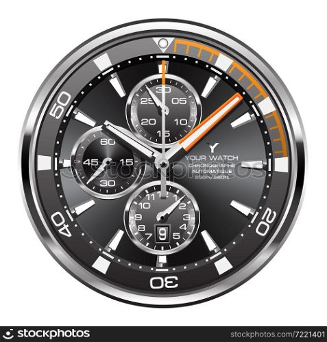 Realistic black silver orange clock watch face chronograph luxury on white background vector illustration.