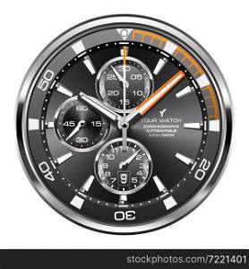 Realistic black silver orange clock watch face chronograph luxury on white background vector illustration.