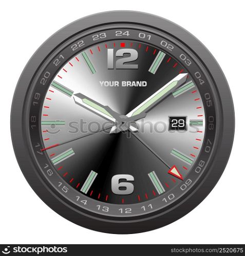 Realistic black silver red clock watch face chronograph luxury on white background vector