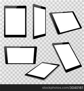 Realistic black tablet vector template isolated on transparent checkered background in different point of view. Realistic black tablet vector template isolated on transparent checkered background in different point of view. Device with touchscreen display illustration