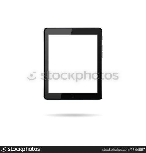 Realistic black tablet with blank touchscreen isolated on white background. Modern PC device. Vertical mockup gadget. Smart electronic concept. Empty digital display for app. Phone connection. Vector.. Realistic black tablet with blank touchscreen isolated on white background. Modern PC device. Vertical mockup gadget. Smart electronic concept. Empty digital display for app. Phone connection. Vector