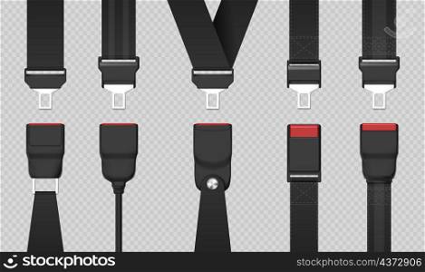Realistic black unfastened safety seat belt designs. Unlocked vehicle, car or airplane passenger seatbelt with buckles. 3d belts vector set. Safety belt and strap for seat protection illustration. Realistic black unfastened safety seat belt designs. Unlocked vehicle, car or airplane passenger seatbelt with buckles. 3d belts vector set