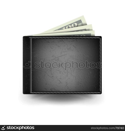 Realistic Black Wallet Vector. Money. Top View. Financial Concept. Isolated On White Background Illustration. Full Wallet Vector. Black Color. Classic Modern Leather Wallet. Dollar Banknotes. Isolated Illustration