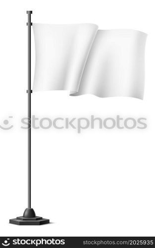 Realistic blank flag. White waving cloth on stick isolated on white background. Realistic blank flag. White waving cloth on stick