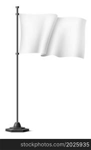 Realistic blank flag. White waving cloth on stick isolated on white background. Realistic blank flag. White waving cloth on stick