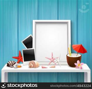 Realistic Blank Frame Template. Realistic blank frame template with photographies shells cocktail starfishes in nautical style vector illustration