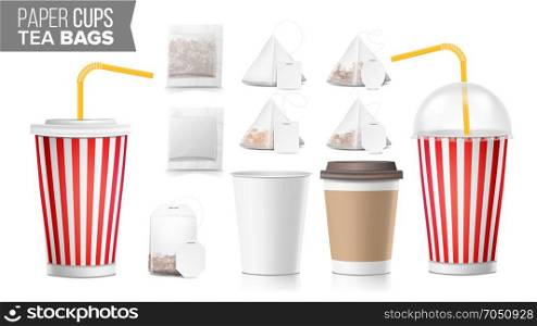 Realistic Blank Ocher Paper Cups Vector. Tea Bags Mock Up. Coffee Cup Blank. Soda, Soft Drinks Cup Template. Tube Straw. 3D Object Isolated On White. Fast Food Illustration. Disposable Paper Cups And Tea Bags Set Vector. Plastic Covers. Take-out Soft Drinks Cup Template. Open And Closed Paper Cup Blank. Realistic Isolated Vector Illustration.