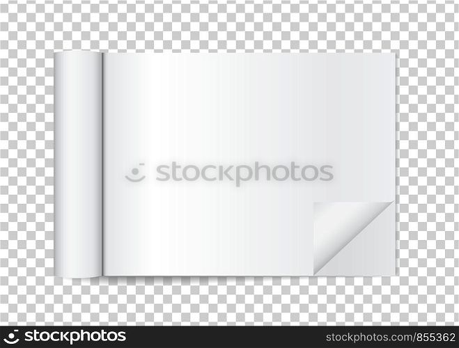 Realistic blank open magazine with rolled white paper pages on transparent background. Empty booklet, catalog template, mock up. Vector book, journal, brochure with curl back sheets for your design