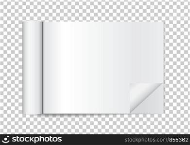 Realistic blank open magazine with rolled white paper pages on transparent background. Empty booklet, catalog template, mock up. Vector book, journal, brochure with curl back sheets for your design
