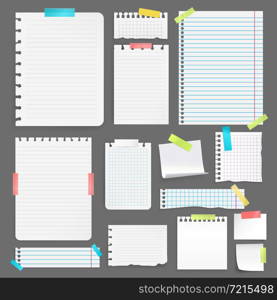 Realistic blank paper sheets on different size and shape stuck with colorful tape on grey background isolated vector illustration. Realistic Paper Set