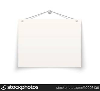 Realistic blank paper signboard. White banner mockup with copy space hanging on silver metal button. Square empty cardboard sheet for important messages. Vector isolated reminder mounted on wall. Realistic blank paper signboard. White banner mockup with copy space hanging on metal button. Square cardboard sheet for important messages. Vector isolated reminder mounted on wall