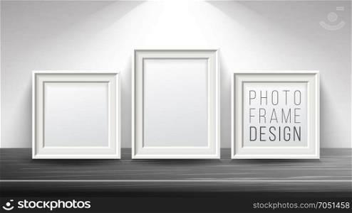 Realistic Blank Picture Frame Vector. Light Wood and Dark Wood Picture Frames Mock Up. Wooden Table On Interior Background. Front View. Realistic Design Template. Modern Clean Interior Illustration.. Realistic Blank Picture Frame Vector. Light Wood and Dark Wood Picture Frames Mock Up. Wooden Table On Interior Background. Front View. Realistic Design Template.