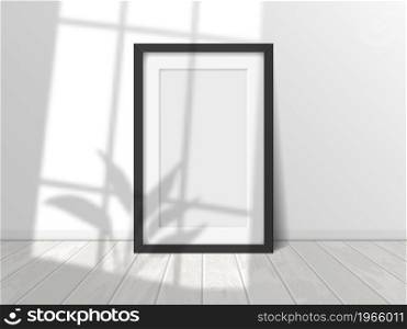 Realistic blank picture frame with window shadow overlay effect. Interior wall with empty photo or poster print border vector mockup. Black border design with light effect for indoor interior