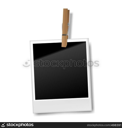 Realistic blank retro photo frame with wooden clip, Vector illustration