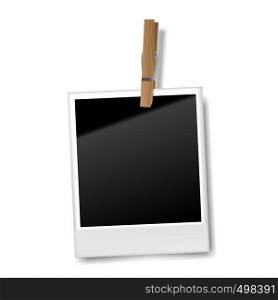 Realistic blank retro photo frame with wooden clip, Vector illustration