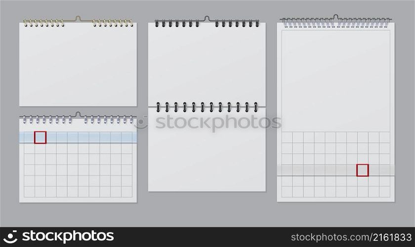 Realistic blank wall calendars mockups with spiral and table. Paper calendar with bind wire rings and white pages. 3d callender vector set. Isolated office or house organizer template. Realistic blank wall calendars mockups with spiral and table. Paper calendar with bind wire rings and white pages. 3d callender vector set