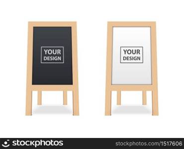 Realistic blank white and black wooden board, outdoor advertising stand mock up isolated on white background, vector illustration
