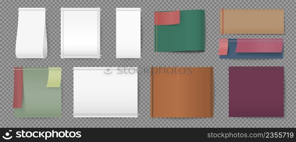 Realistic blank white and colored labels for apparel brand name. Stitched tags for laundry and textile info. Empty cloth label vector set. Information about business and fabric, manufacturing. Realistic blank white and colored labels for apparel brand name. Stitched tags for laundry and textile info. Empty cloth label vector set