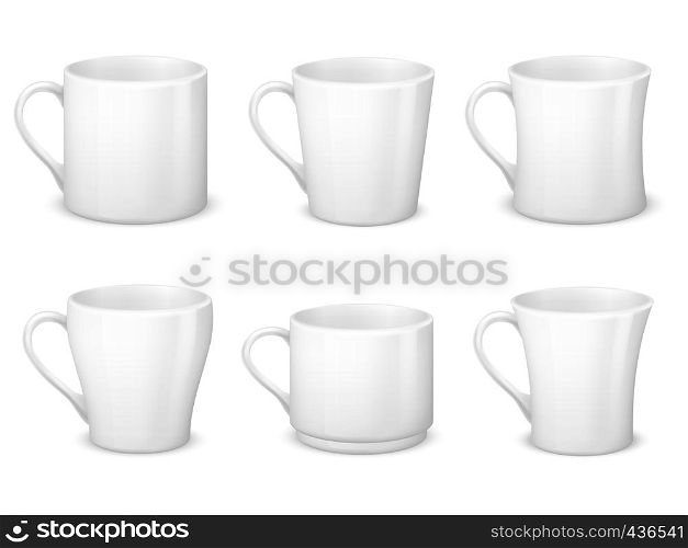 Realistic blank white coffee mugs with handle and porcelain cups vector template isolated. Cup porcelain for tea and coffee breakfast, realistic teacup illustration. Realistic blank white coffee mugs with handle and porcelain cups vector template isolated