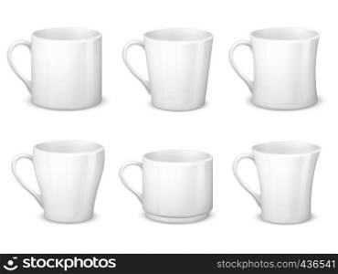 Realistic blank white coffee mugs with handle and porcelain cups vector template isolated. Cup porcelain for tea and coffee breakfast, realistic teacup illustration. Realistic blank white coffee mugs with handle and porcelain cups vector template isolated