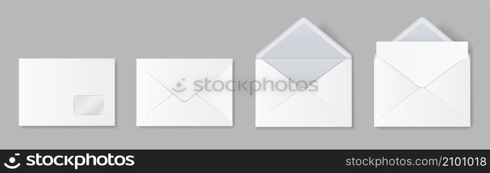 Realistic blank white envelope mockup, open and closed envelopes. Postal letter invitation, paper mail template front and back view vector set for office messages or documents sending. Realistic blank white envelope mockup, open and closed envelopes. Postal letter invitation, paper mail template front and back view vector set