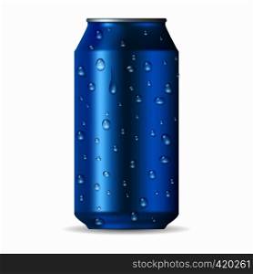 Realistic blue aluminum can with drops isolated on a white background. Realistic blue aluminum can with drops