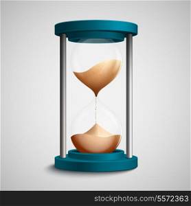 Realistic blue colored hourglass with strewing sand concept template vector illustration