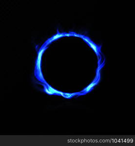 Realistic blue fire circle. Ring of blue fire with shiny flame effect. Vector effect burning round hoop on black transparent background. Realistic blue fire circle. Ring of blue fire with shiny flame effect. Vector burning round on black transparent background