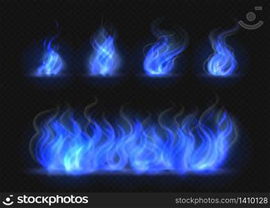Realistic blue fire flames set. Transparent torch effect, abstract blue light flare, campfire design template. Isolated vector 3D illustration blazing gas effect. Realistic blue fire flames set. Transparent torch effect, abstract blue light flare, campfire design template. Isolated vector 3D illustration
